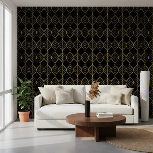 Elegant dark botanical surface with Art Deco Gold and Black Leaf office area Wallpaper