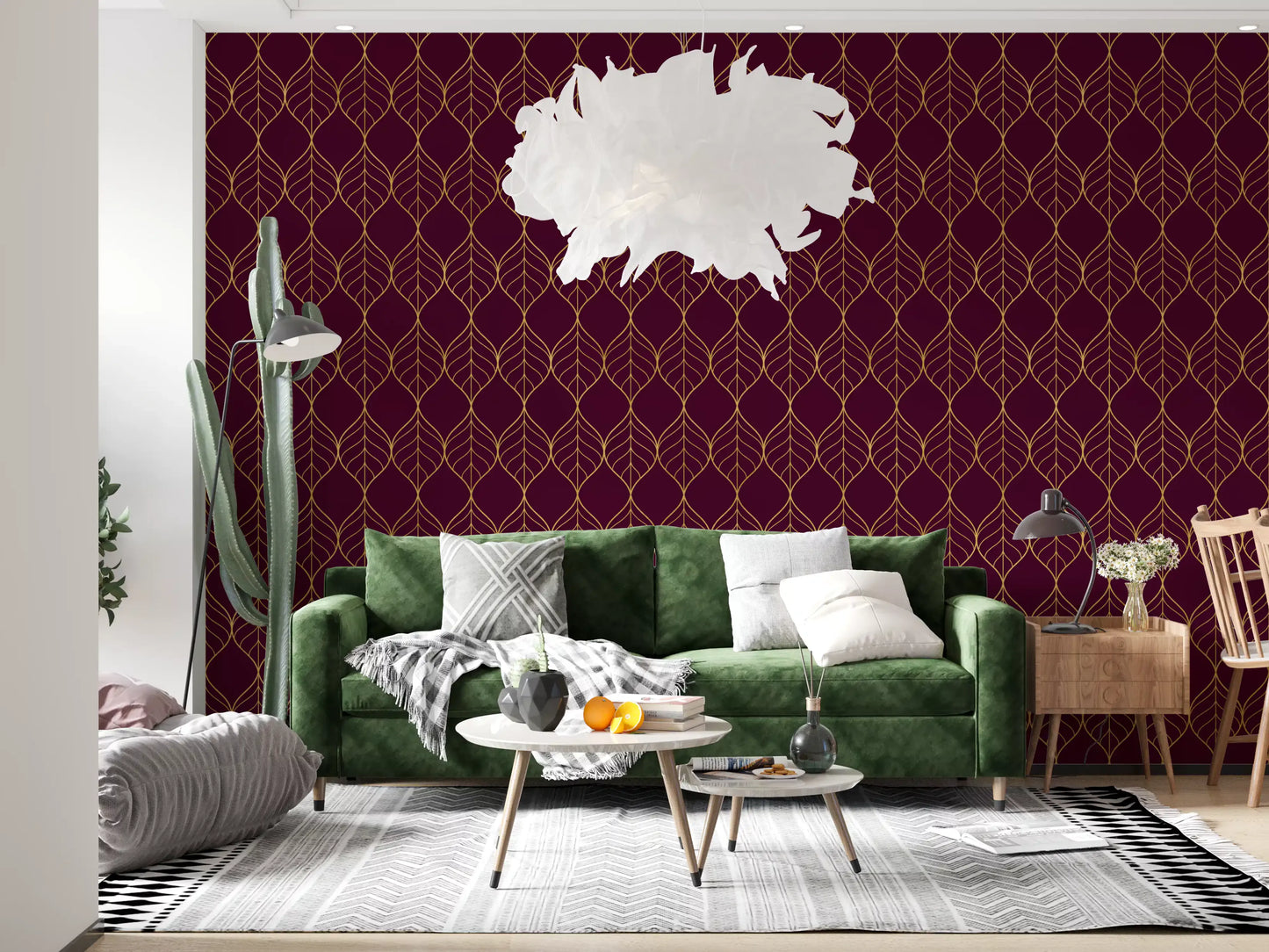 Minimal space Elegant Burgundy and Gold Art Deco Leaf Wallpaper gold leaf detail