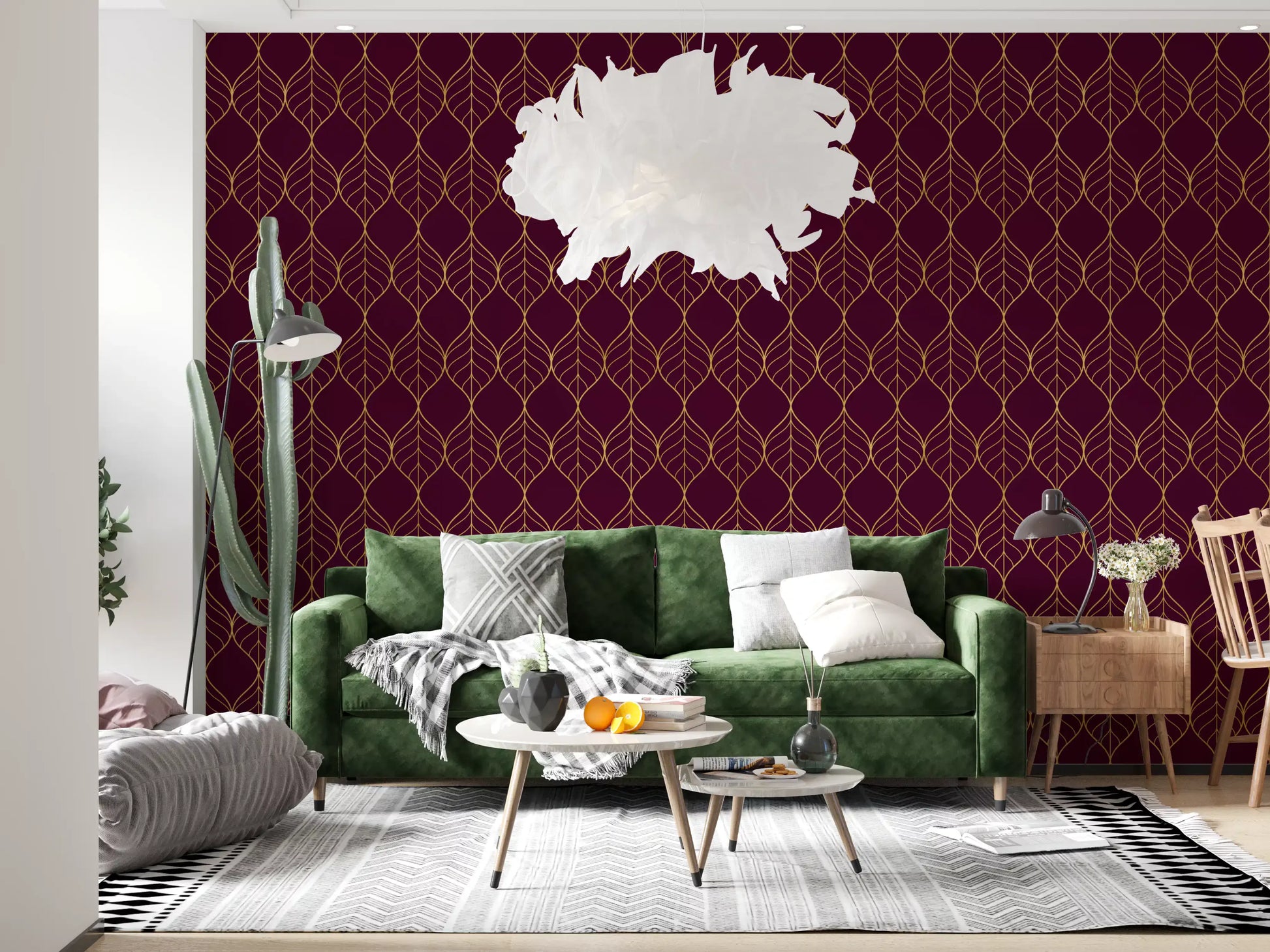 Minimal space Elegant Burgundy and Gold Art Deco Leaf Wallpaper gold leaf detail
