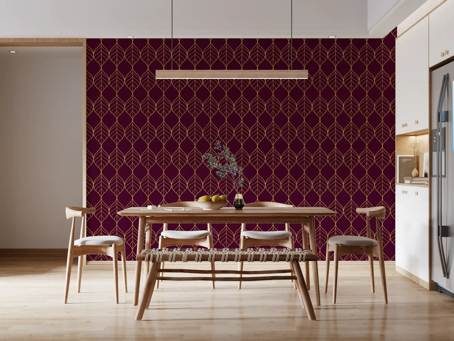 Dining room Elegant Burgundy and Gold Art Deco Leaf Wallpaper dark red gold pattern