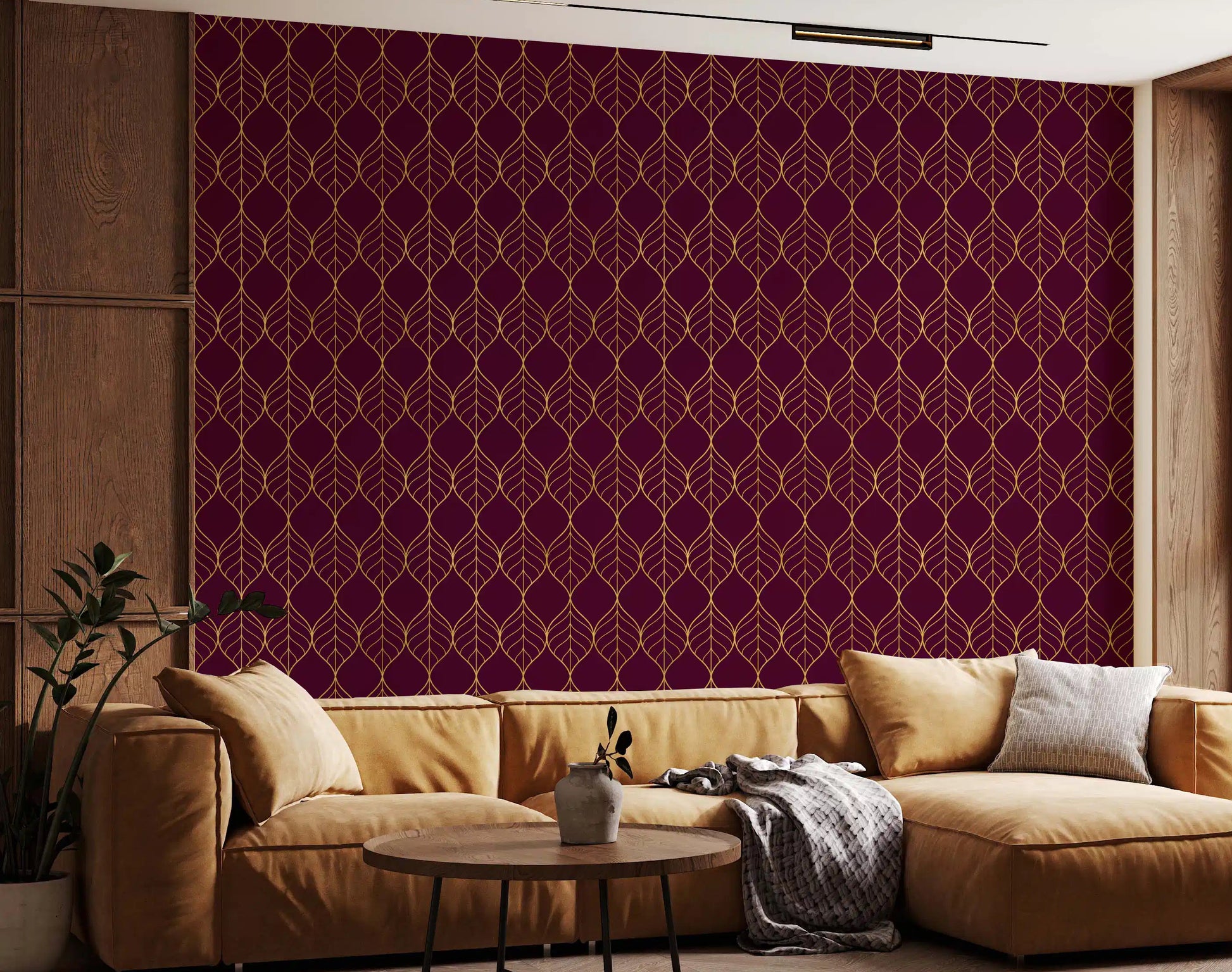 Living room Elegant Burgundy and Gold Art Deco Leaf Wallpaper gold floral wall