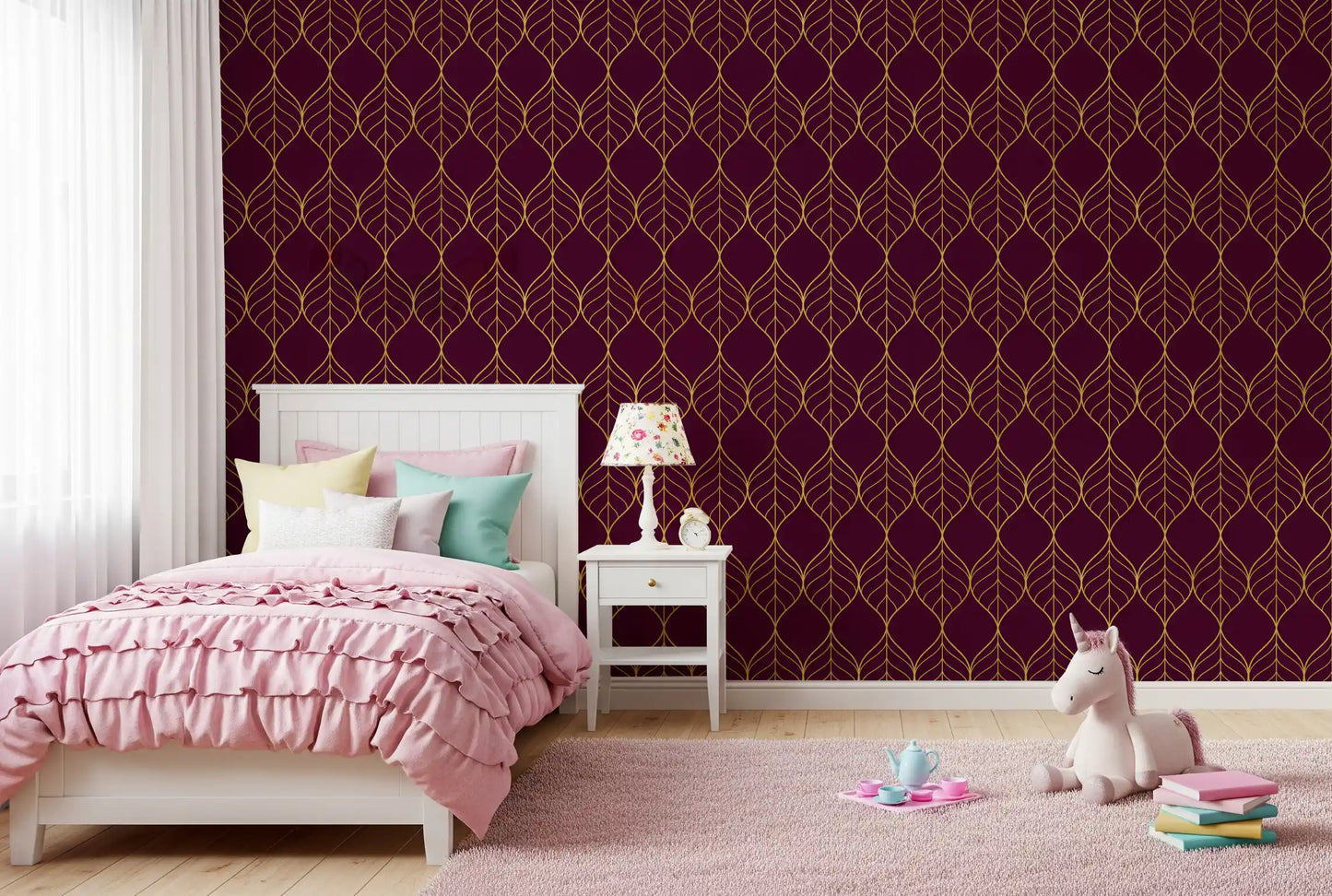 Decorative surface Elegant Burgundy and Gold Art Deco Leaf Wallpaper gold pattern