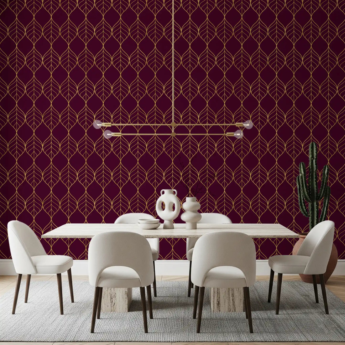 Contemporary room Elegant Burgundy and Gold Art Deco Leaf Wallpaper elegant flow