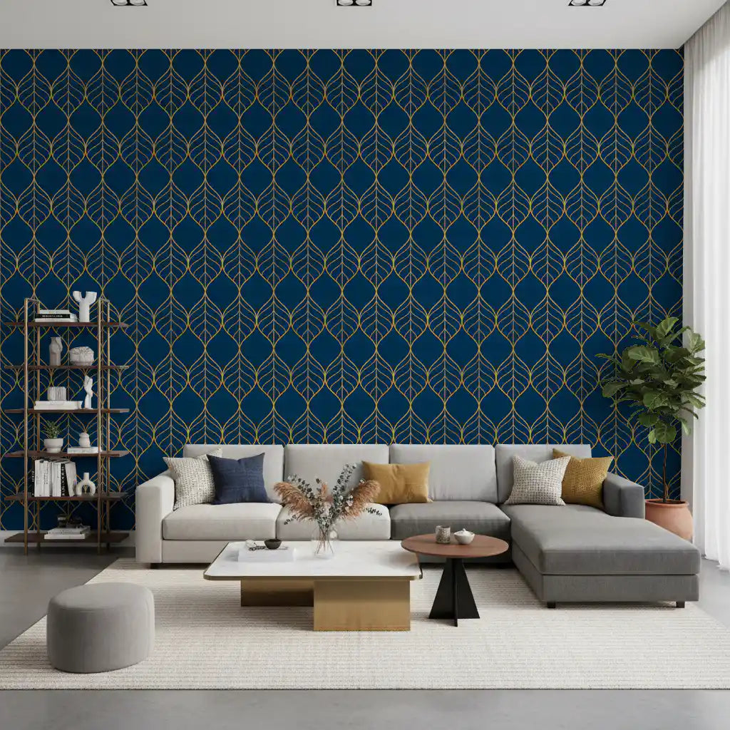 Contemporary room Gilded Art Deco Leaves Navy Wallpaper bold botanical contrast