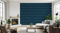 Living room Gilded Art Deco Leaves Navy Wallpaper gold leaf navy design wall