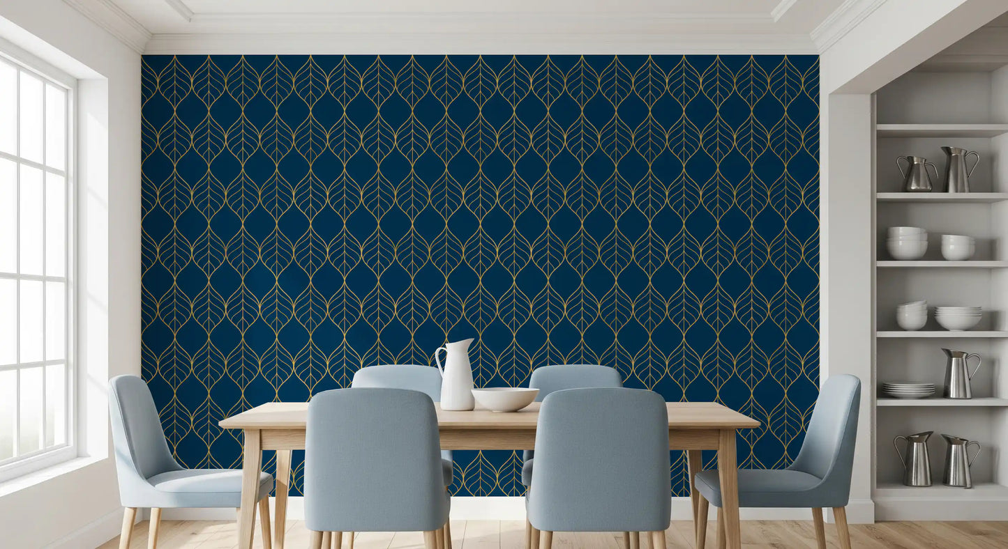 Modern interior Gilded Art Deco Leaves Navy Wallpaper navy botanical gold art