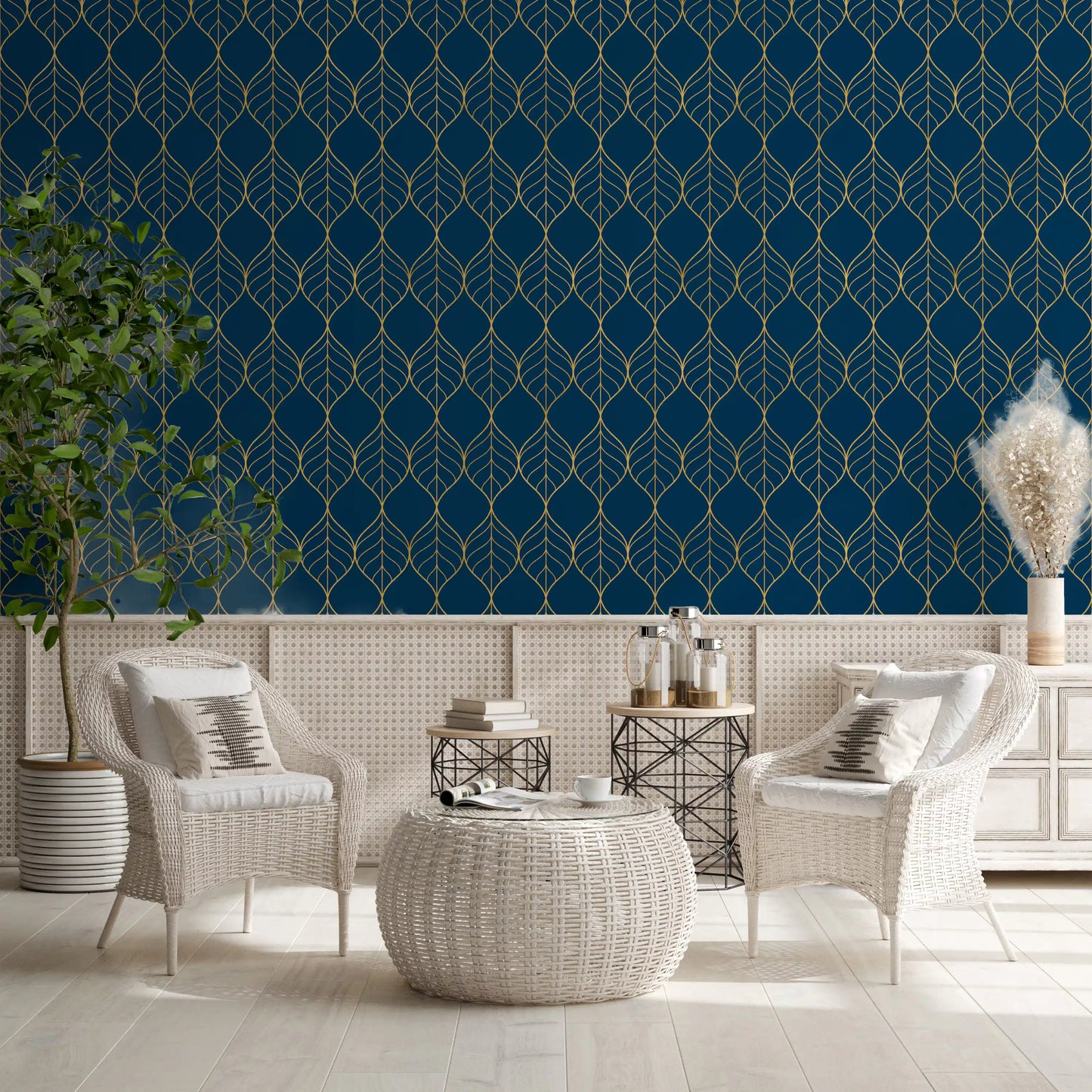 Study area Gilded Art Deco Leaves Navy Wallpaper elegant leaf navy composition