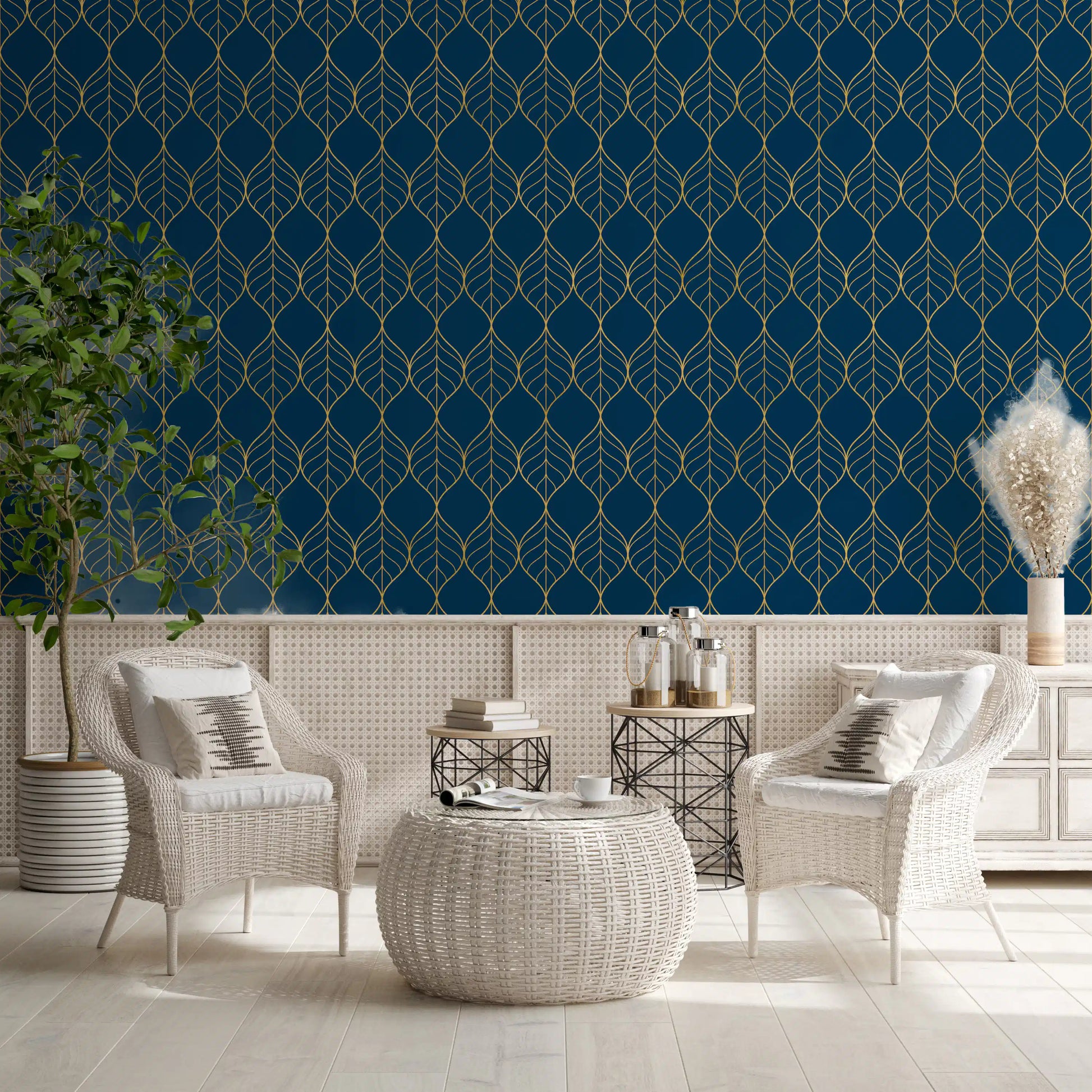 Study area Gilded Art Deco Leaves Navy Wallpaper elegant leaf navy composition