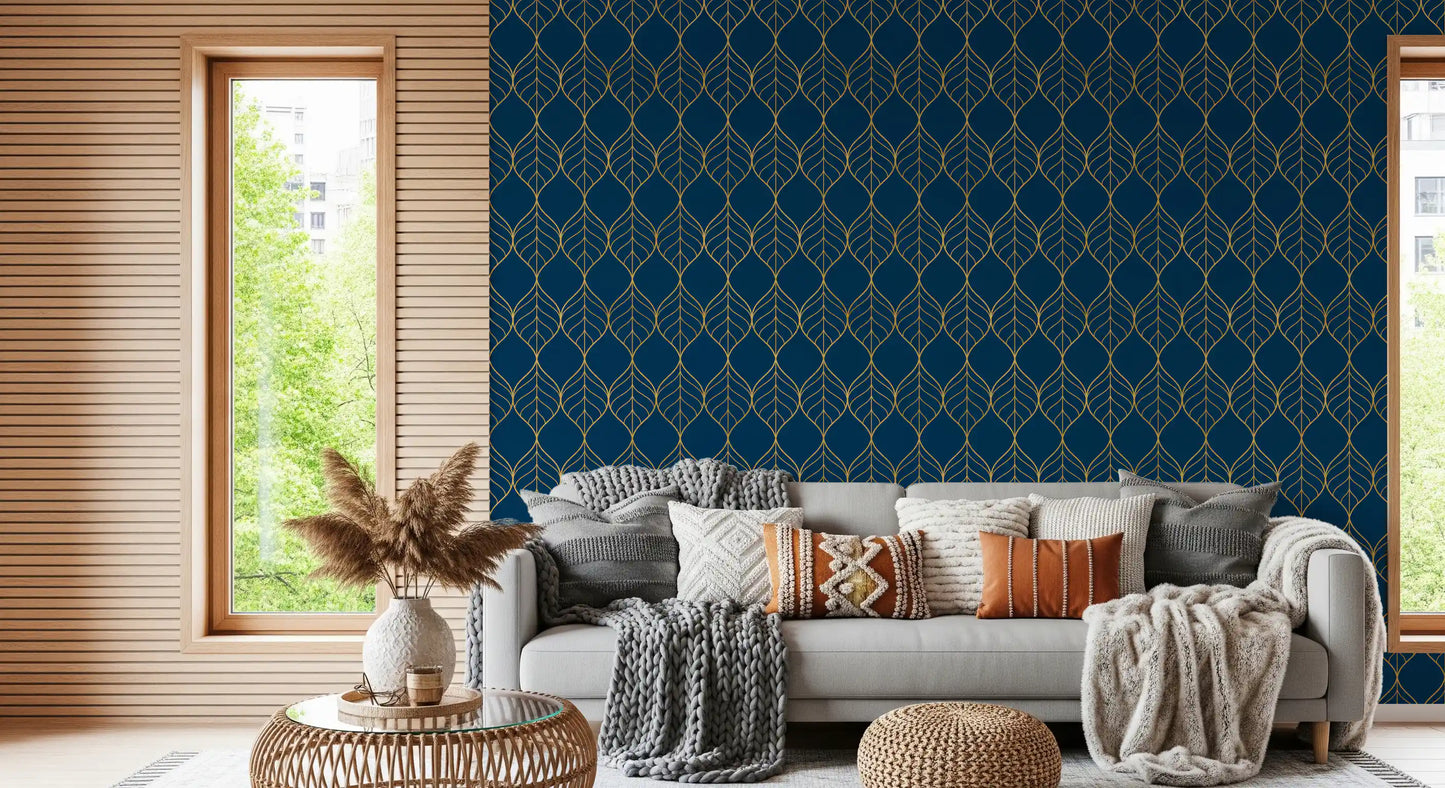 Feature wall Gilded Art Deco Leaves Navy Wallpaper dark blue gold foliage design
