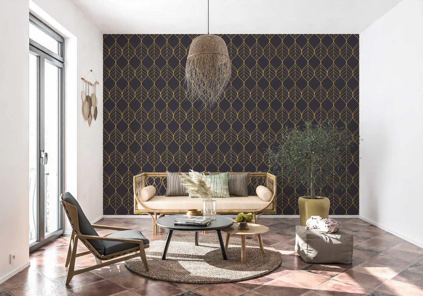Living room Elegant Golden Leaf Art Deco Wallpaper look