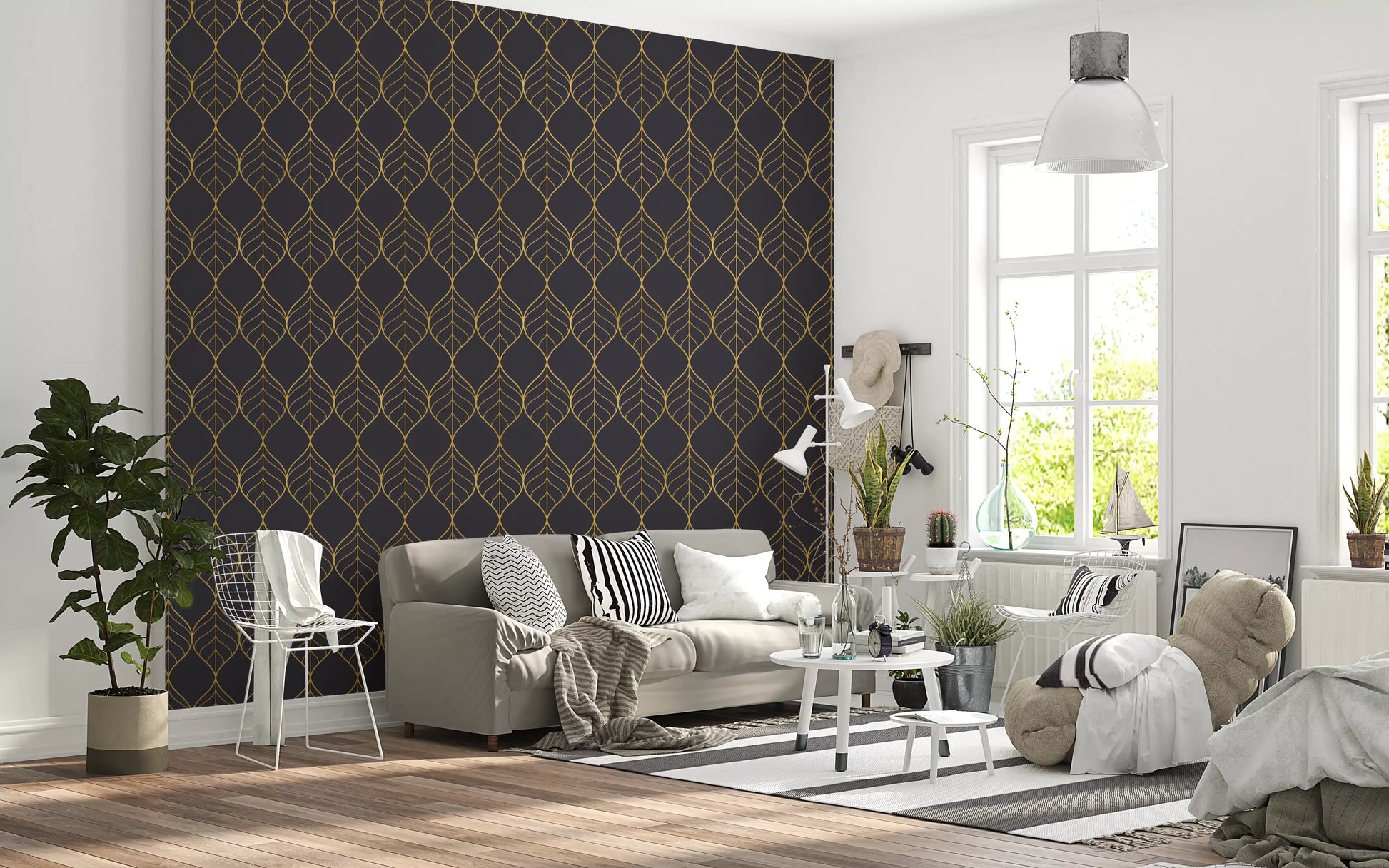 Hallway Elegant Golden Leaf Art Deco Wallpaper finish