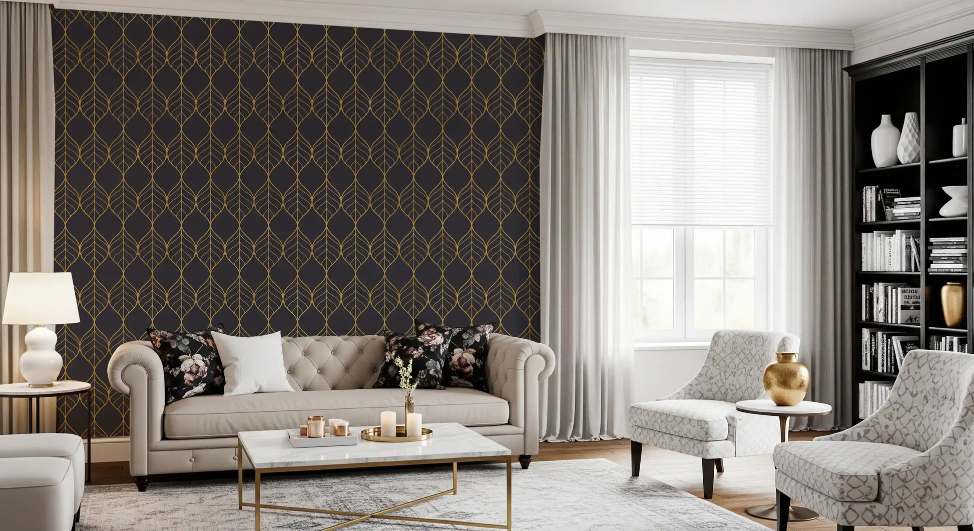 Living room Elegant Golden Leaf Art Deco Wallpaper style