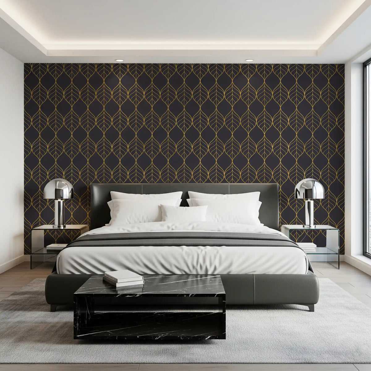 Bedroom Elegant Golden Leaf Art Deco Wallpaper surface
