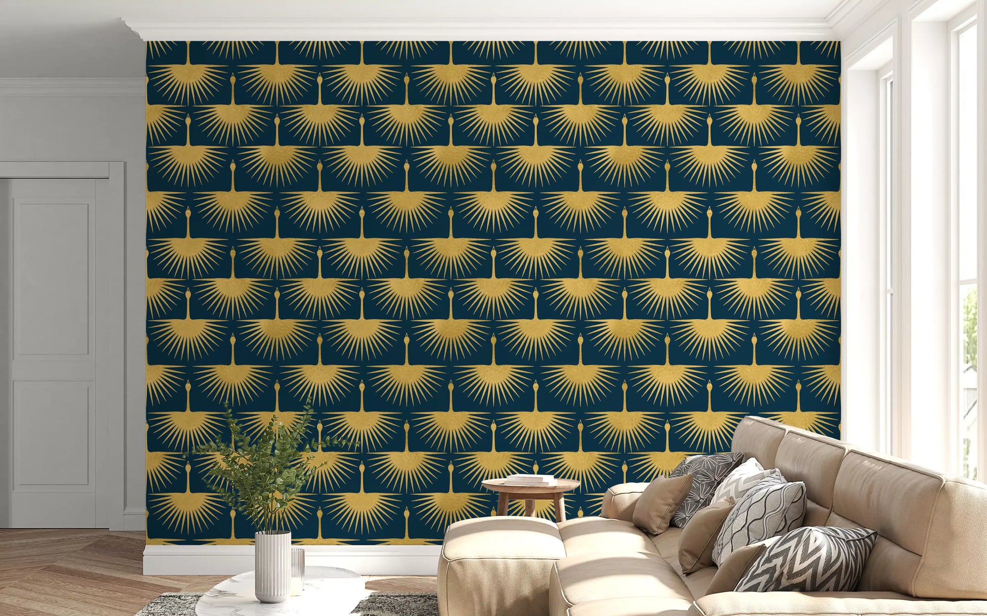 Minimal crane wallpaper dark turquoise balanced layout look for a living room.