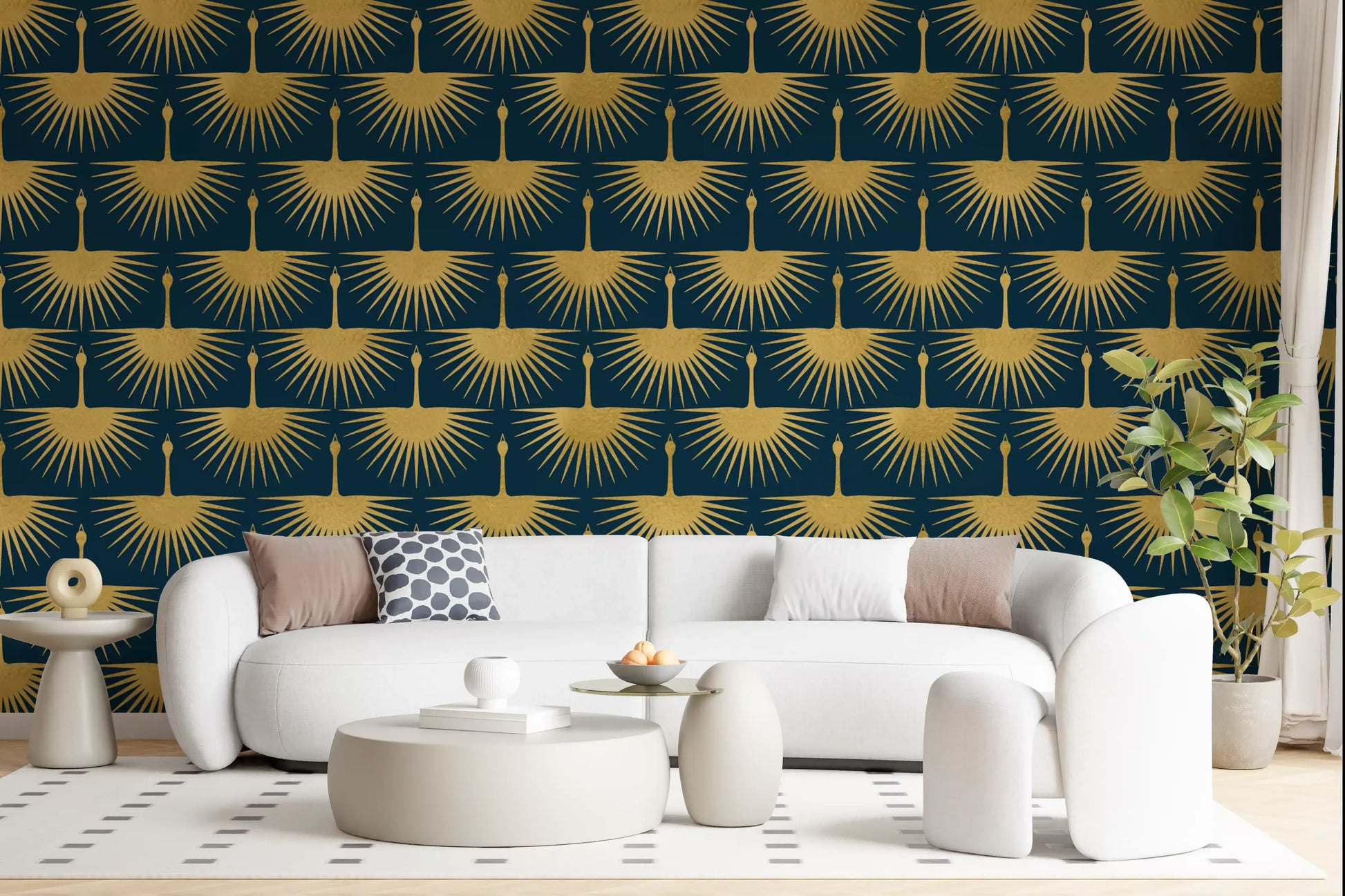 Elegant bird motif wallpaper deep turquoise finish for a living room.