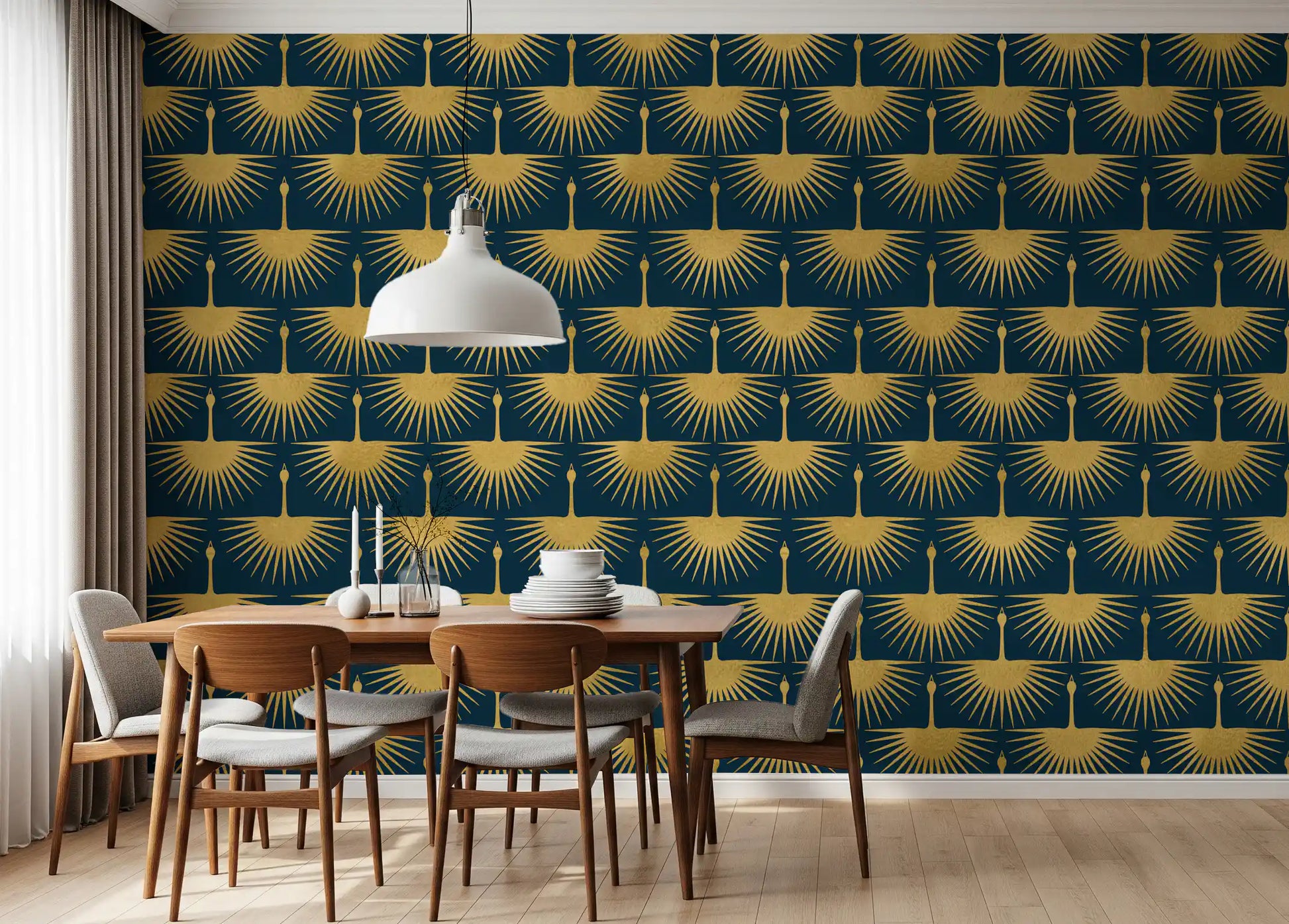 Dining area Soft decorative wallpaper gold crane teal Art Deco pattern