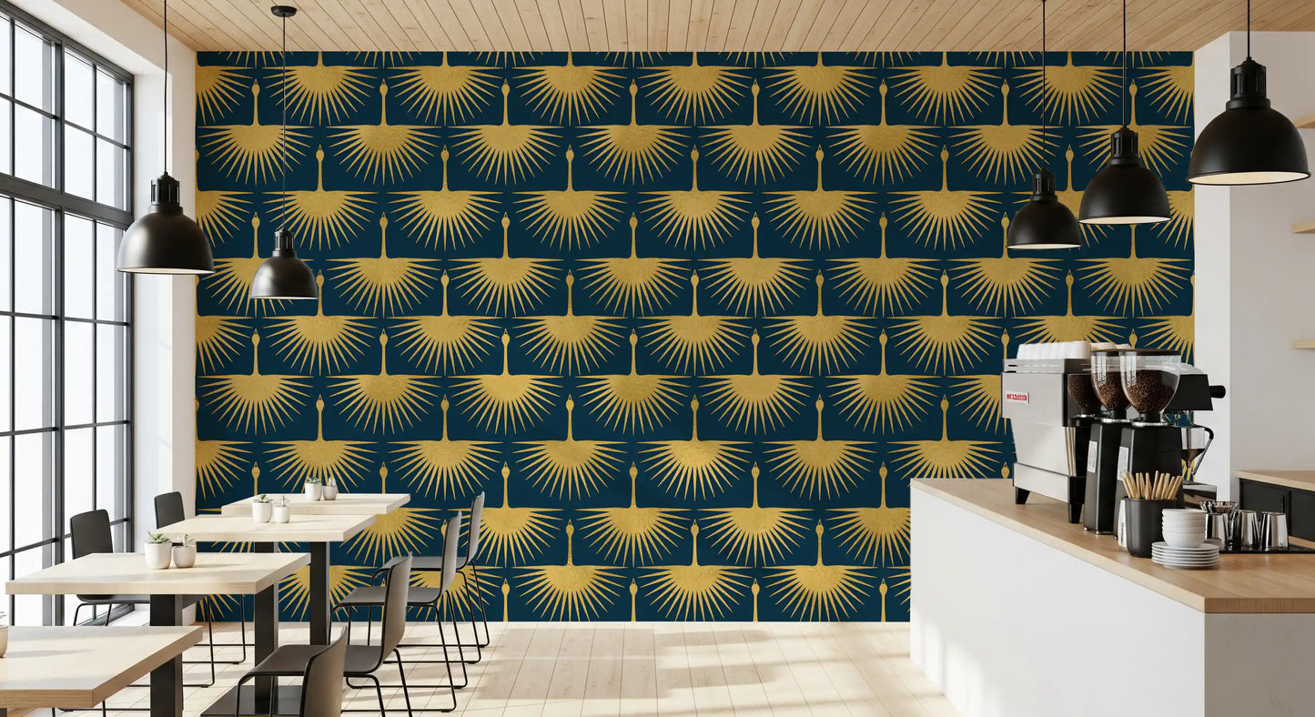Subtle gold crane wallpaper dark turquoise composition