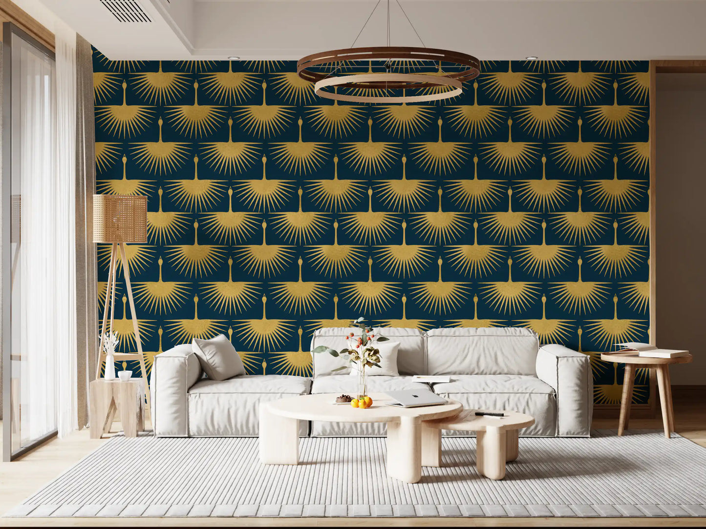 Refined teal wallpaper Art Deco crane illustration look for a home office area.