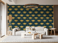 Refined teal wallpaper Art Deco crane illustration look for a home office area.