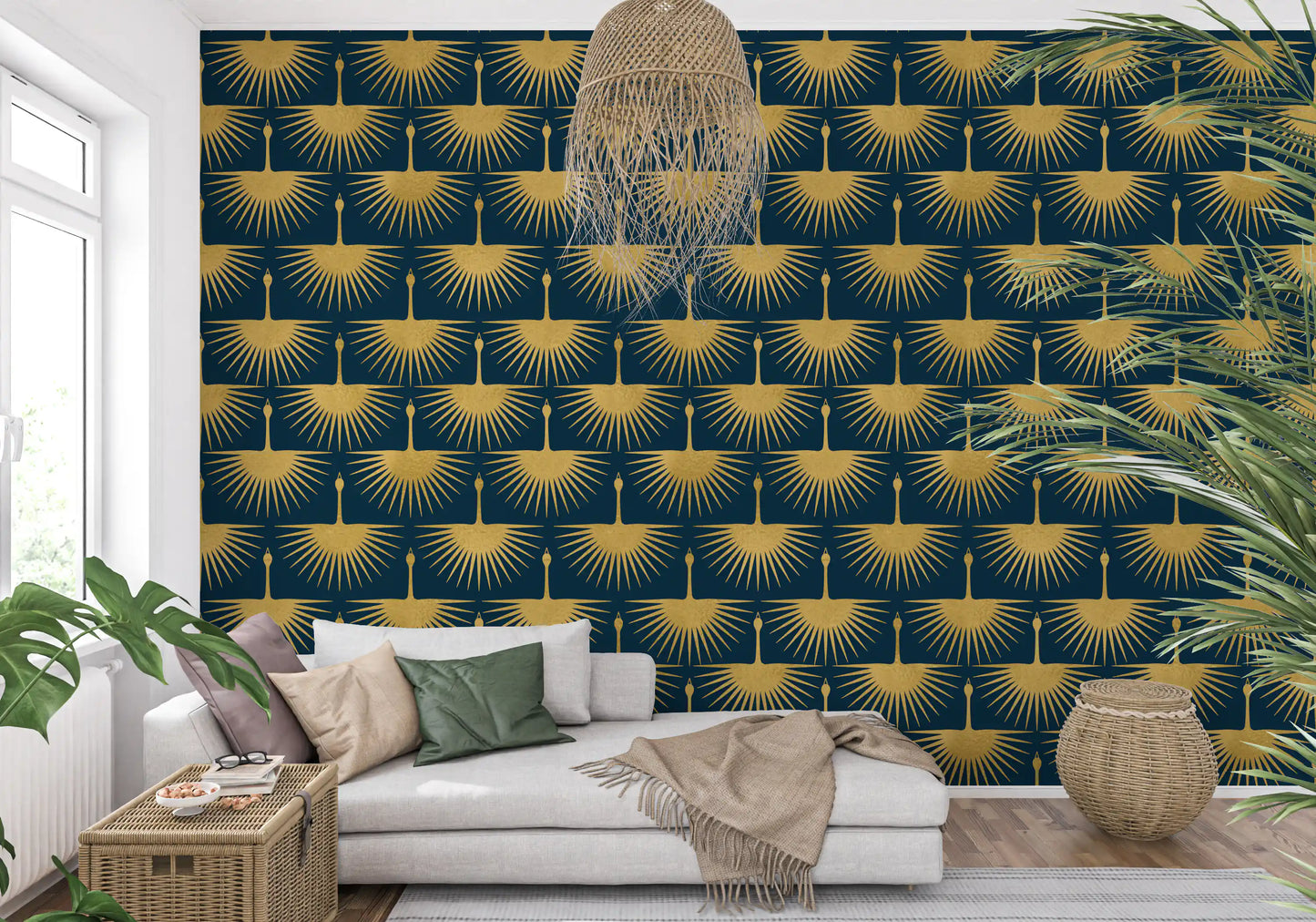 Modern Art Deco wallpaper gold crane teal surface style