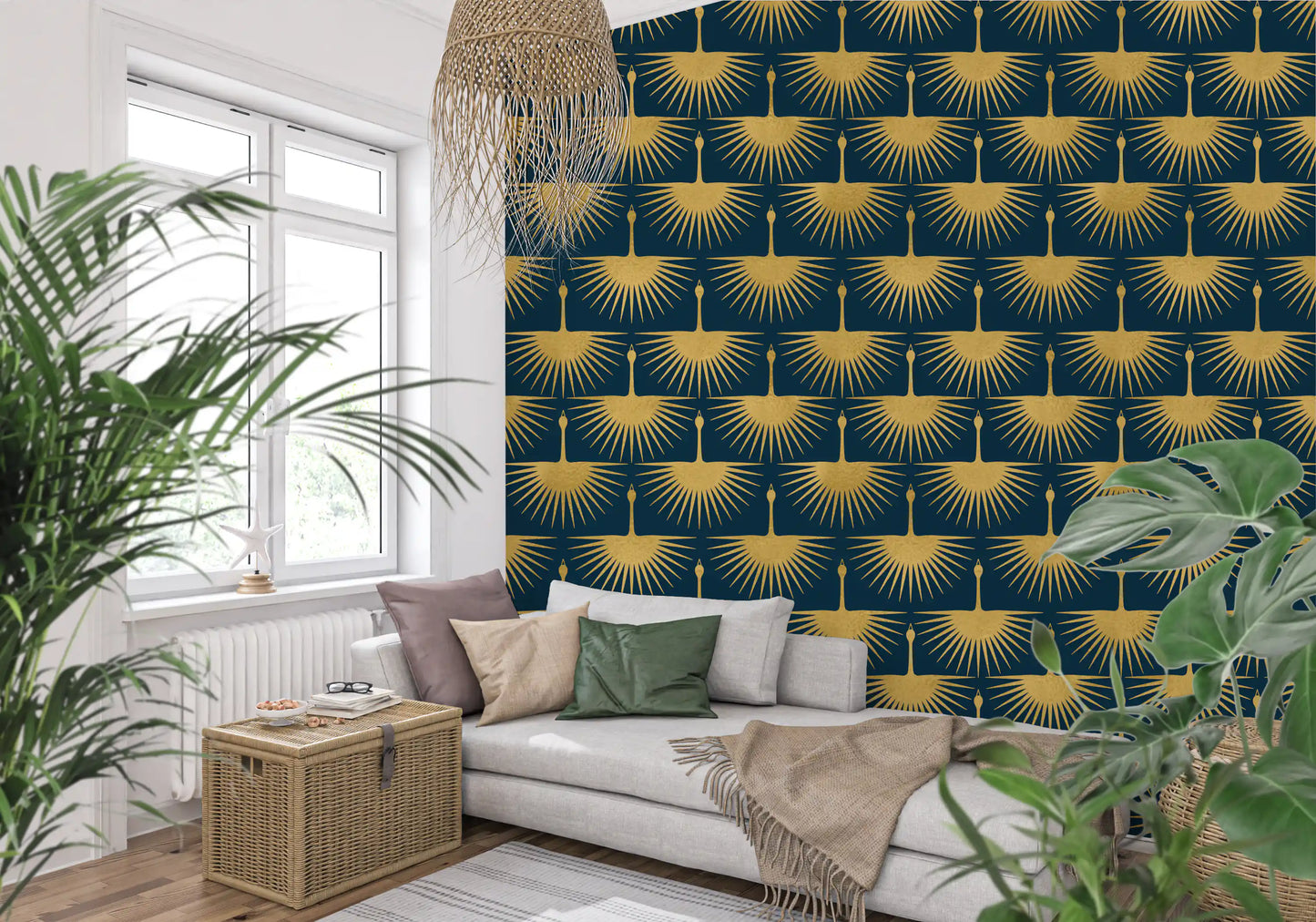 Clean structured wallpaper turquoise gold bird design