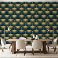 Dining room Dark turquoise gold crane Art Deco wallpaper soft elegant style