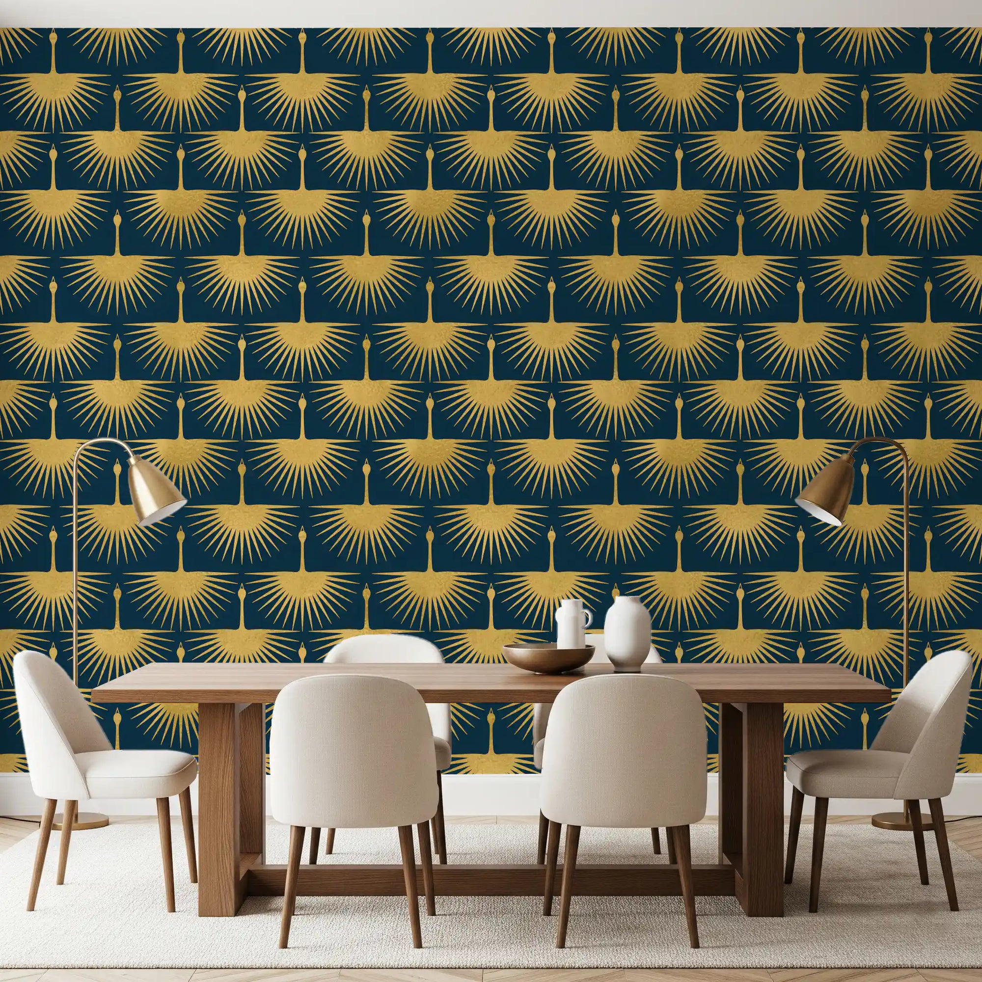 Dining room Dark turquoise gold crane Art Deco wallpaper soft elegant style