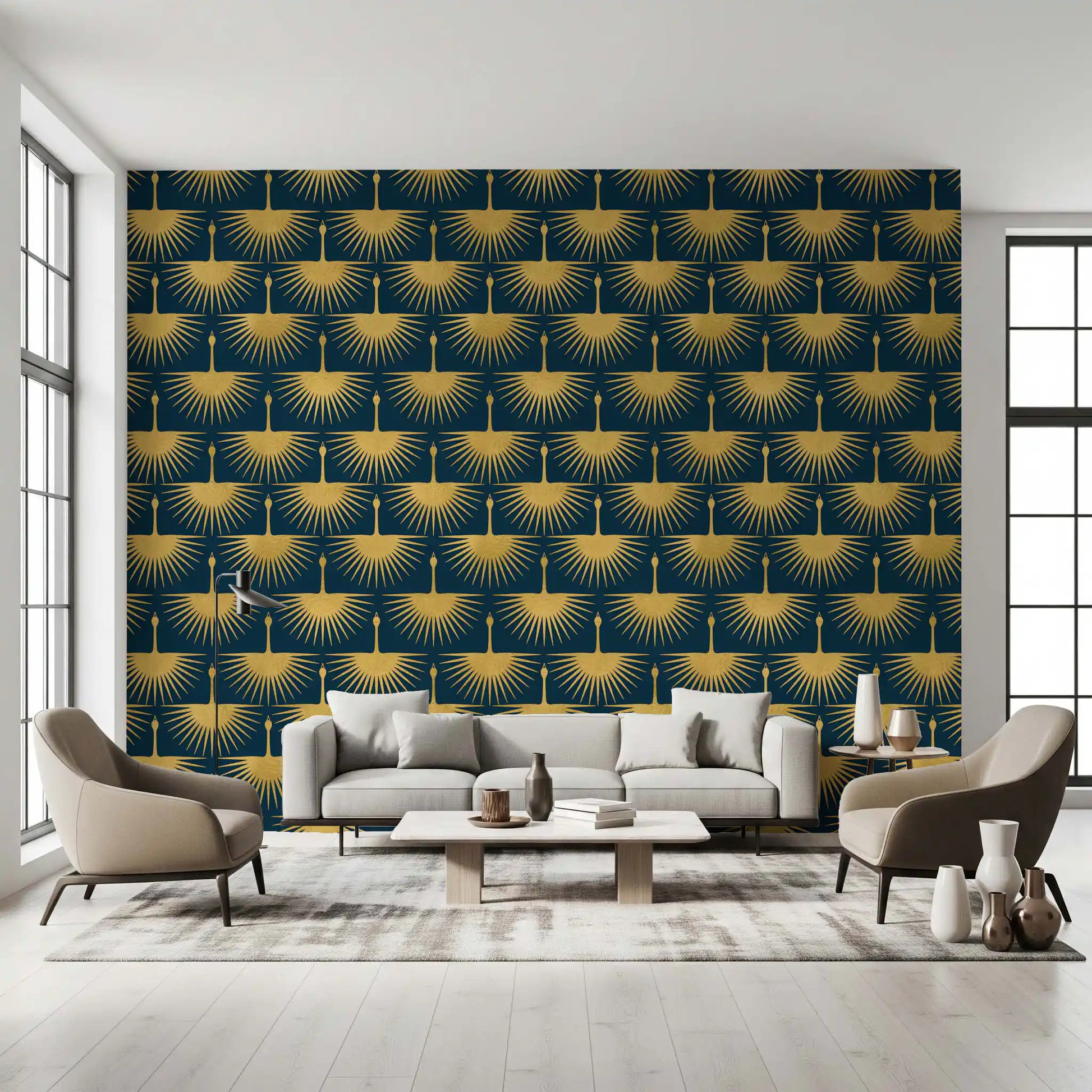 Feature wall teal gold bird Art Deco structured design for a living room.