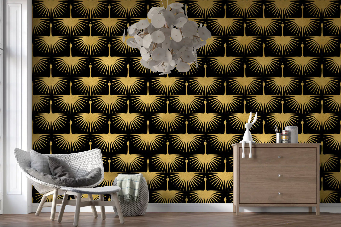 Luxury hallway wall Black Gold Crane Art Deco Wallpaper crane illustration