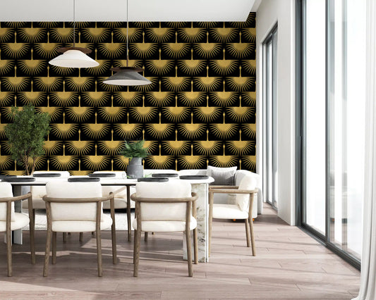 Feature wall Black Gold Crane Art Deco Wallpaper dark luxury style
