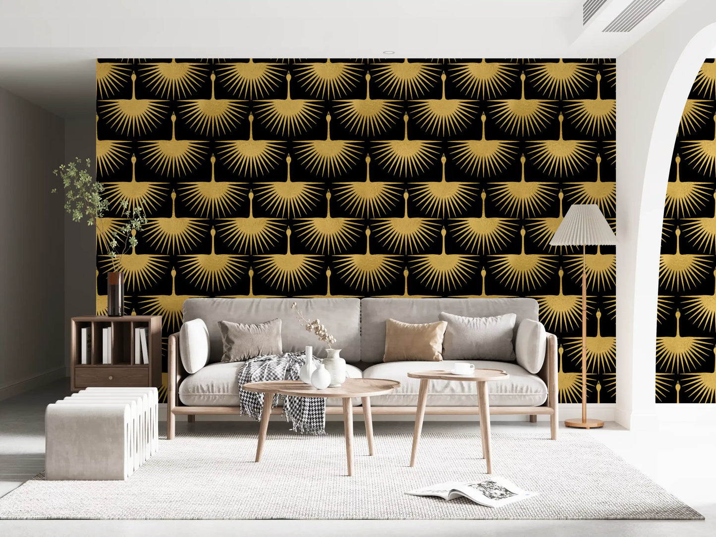 Dark living room wall Black Gold Crane Art Deco Wallpaper gold geometric art