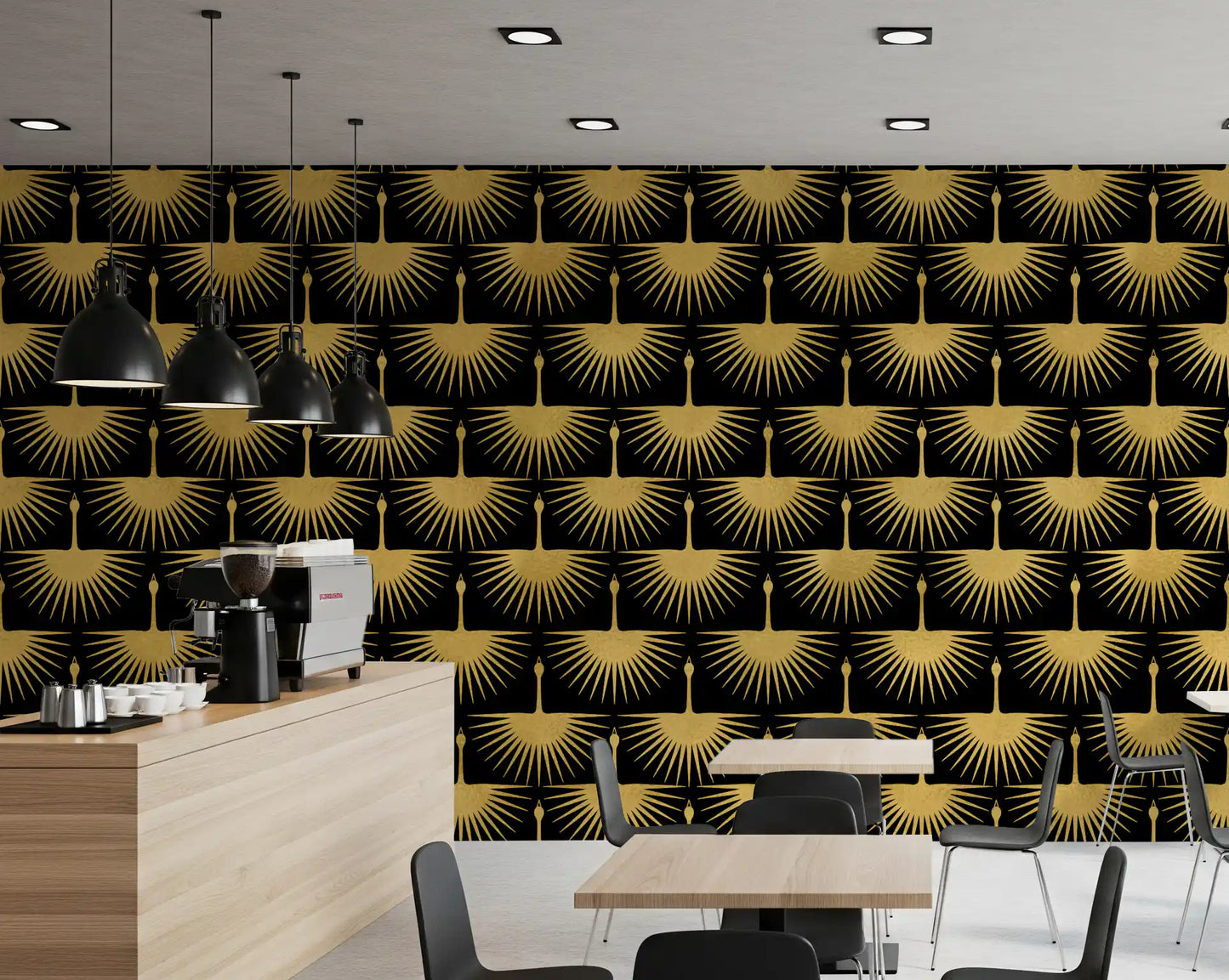 Modern cafe space Black Gold Crane Art Deco Wallpaper bird pattern look
