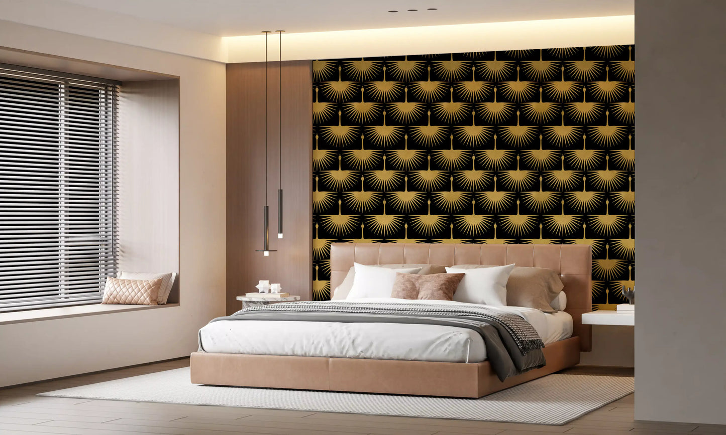 Minimal bedroom decor Black Gold Crane Art Deco Wallpaper black gold flow