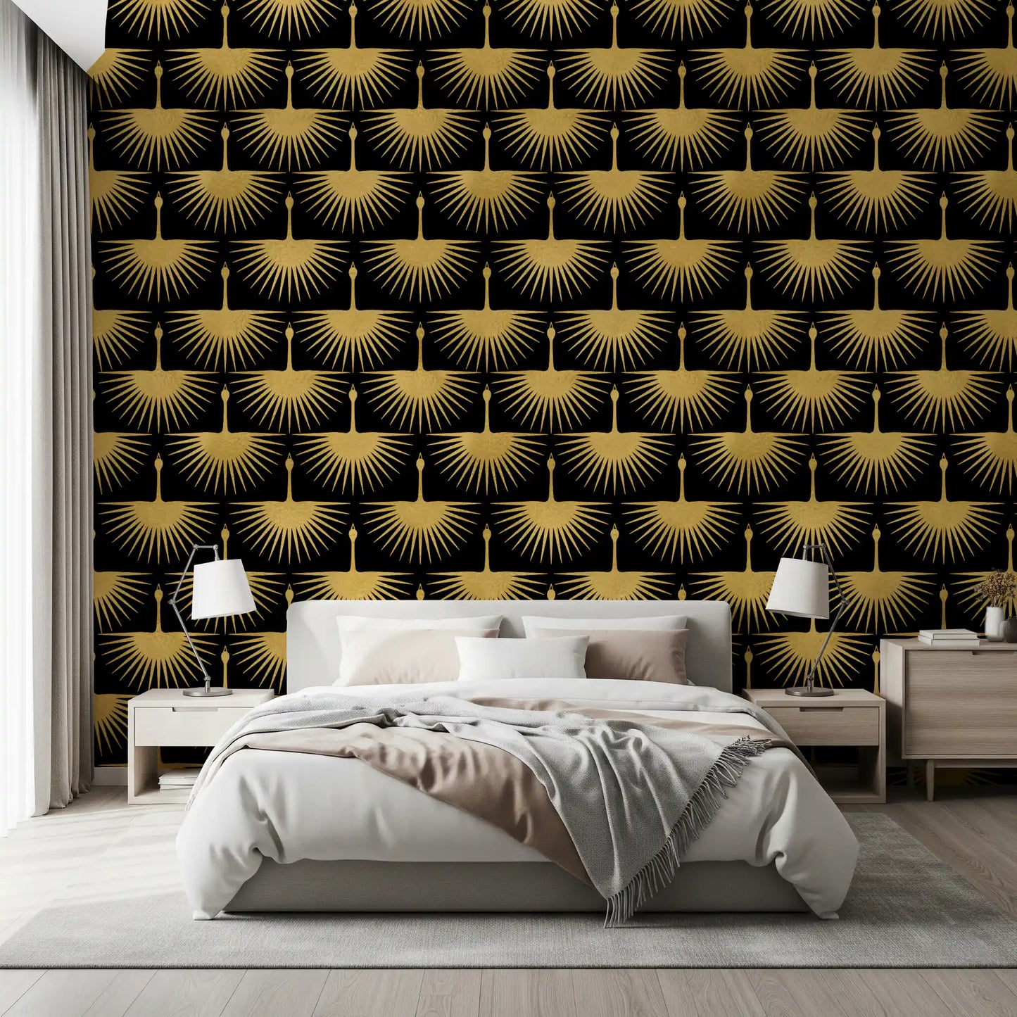 Contemporary design Black Gold Crane Art Deco Wallpaper bird art