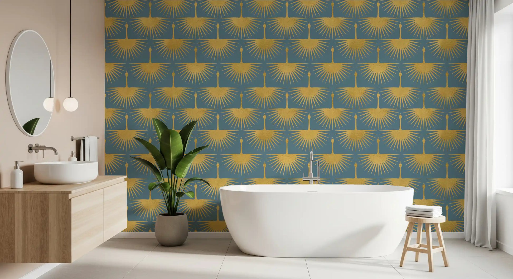 Minimal bird wallpaper duck egg blue elegant gold detail for a bathroom.