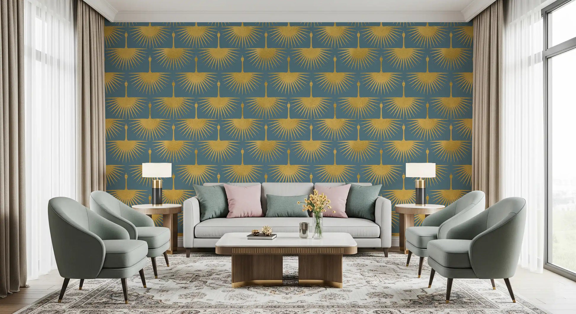 Subtle structured wallpaper crane gold tonal background
