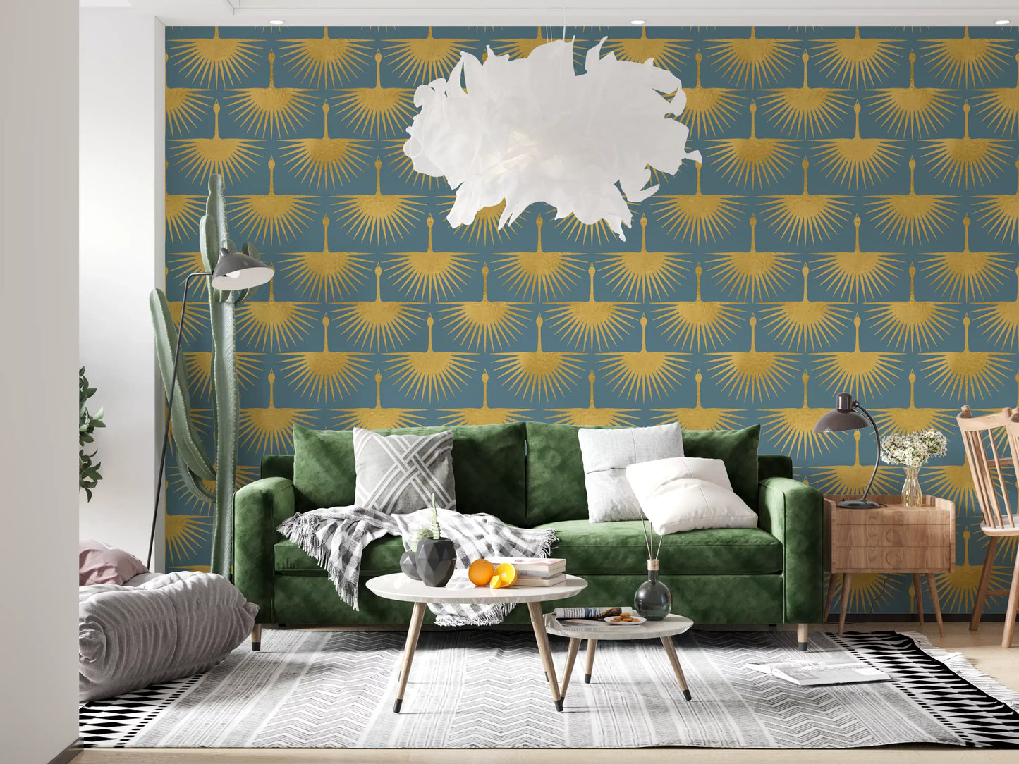 Calm decorative wall crane motif soft blue Art Deco style