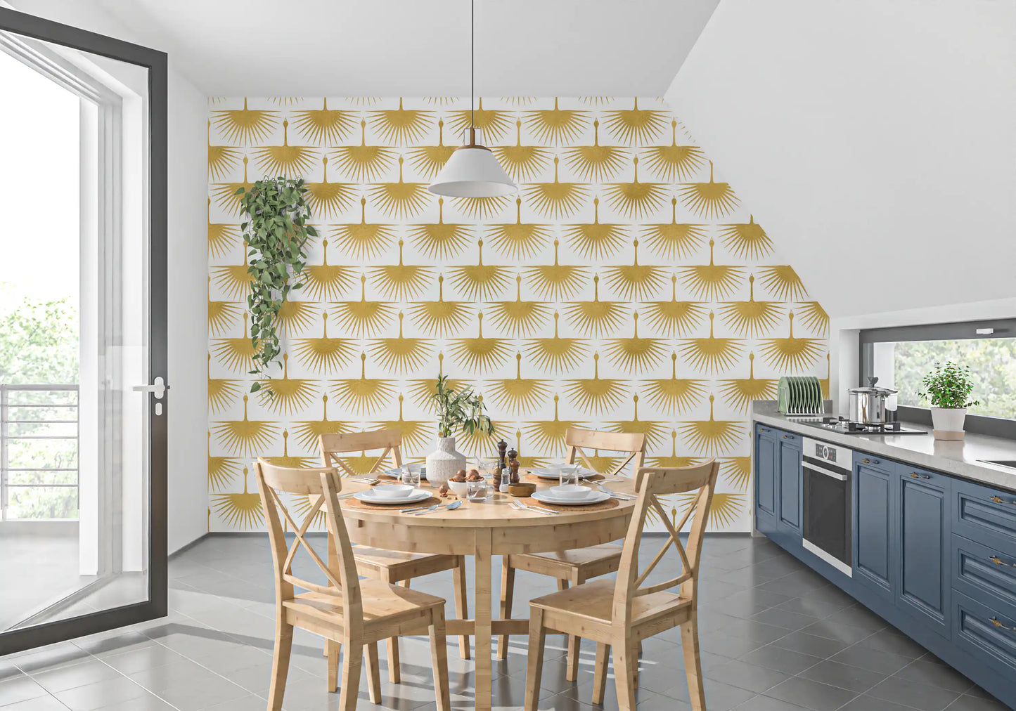 Feature wall Luxury Crane Sunburst Wallpaper crane motif for a kitchen area.