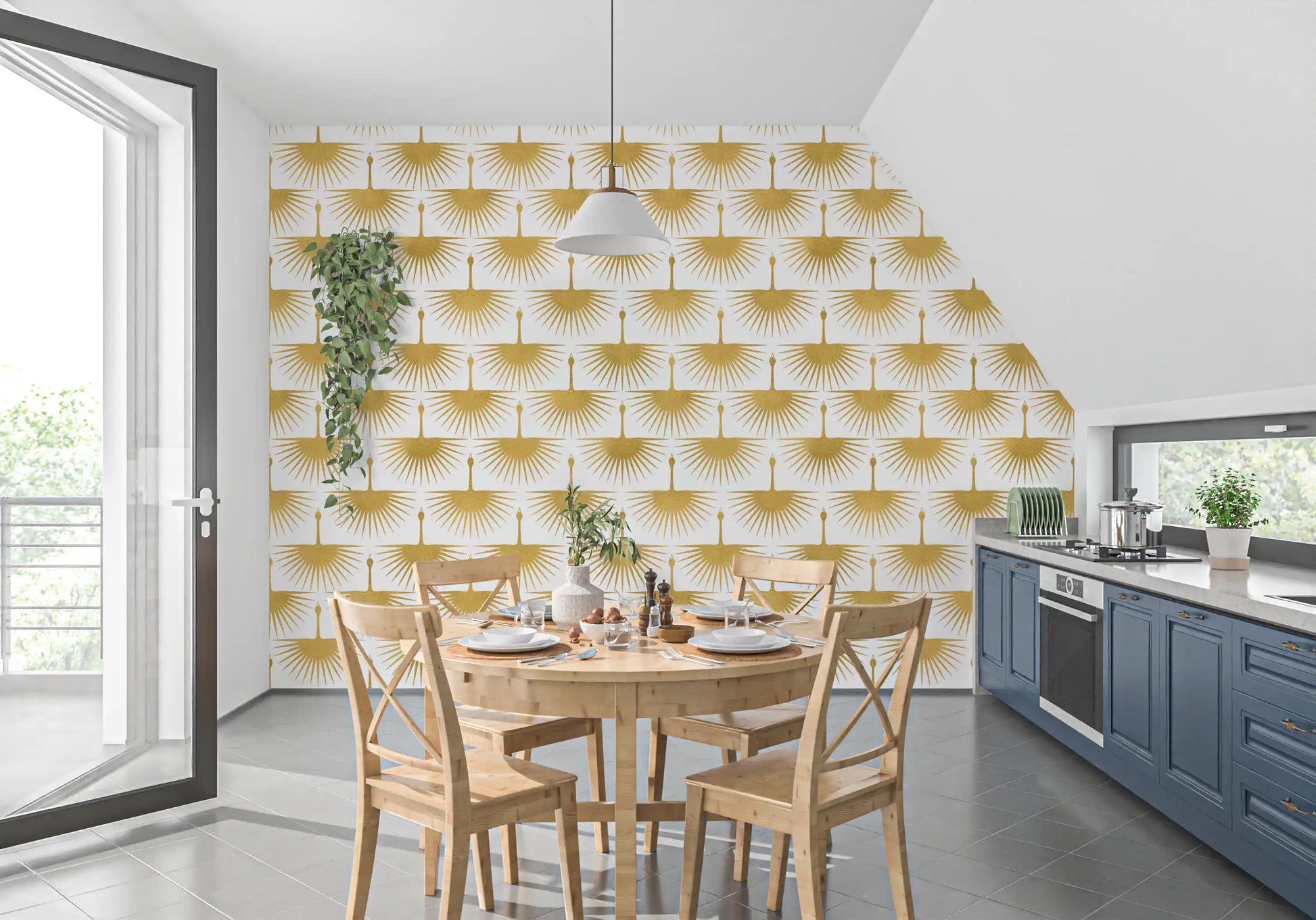 Feature wall Luxury Crane Sunburst Wallpaper crane motif for a kitchen area.