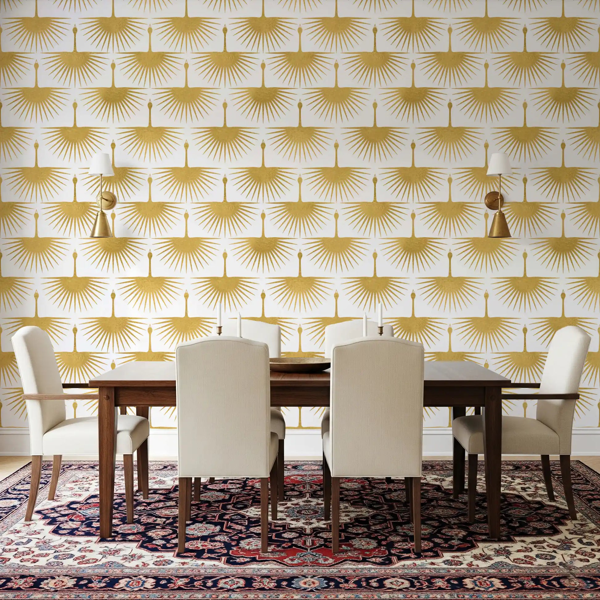Luxury Crane Sunburst Wallpaper gold crane Art Deco pattern for a dining room.