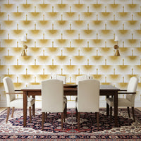 Luxury Crane Sunburst Wallpaper gold crane Art Deco pattern for a dining room.