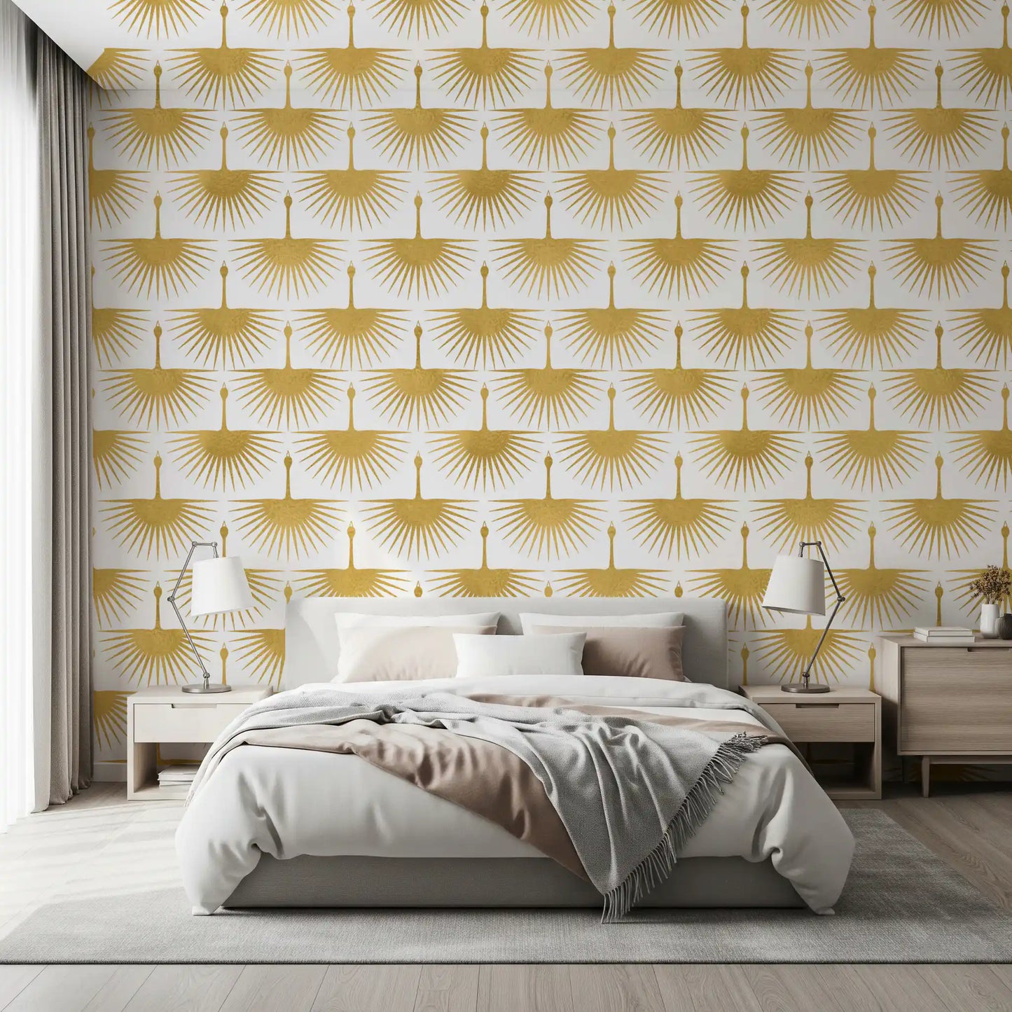 Structured gold pattern Luxury Crane Sunburst Wallpaper wall