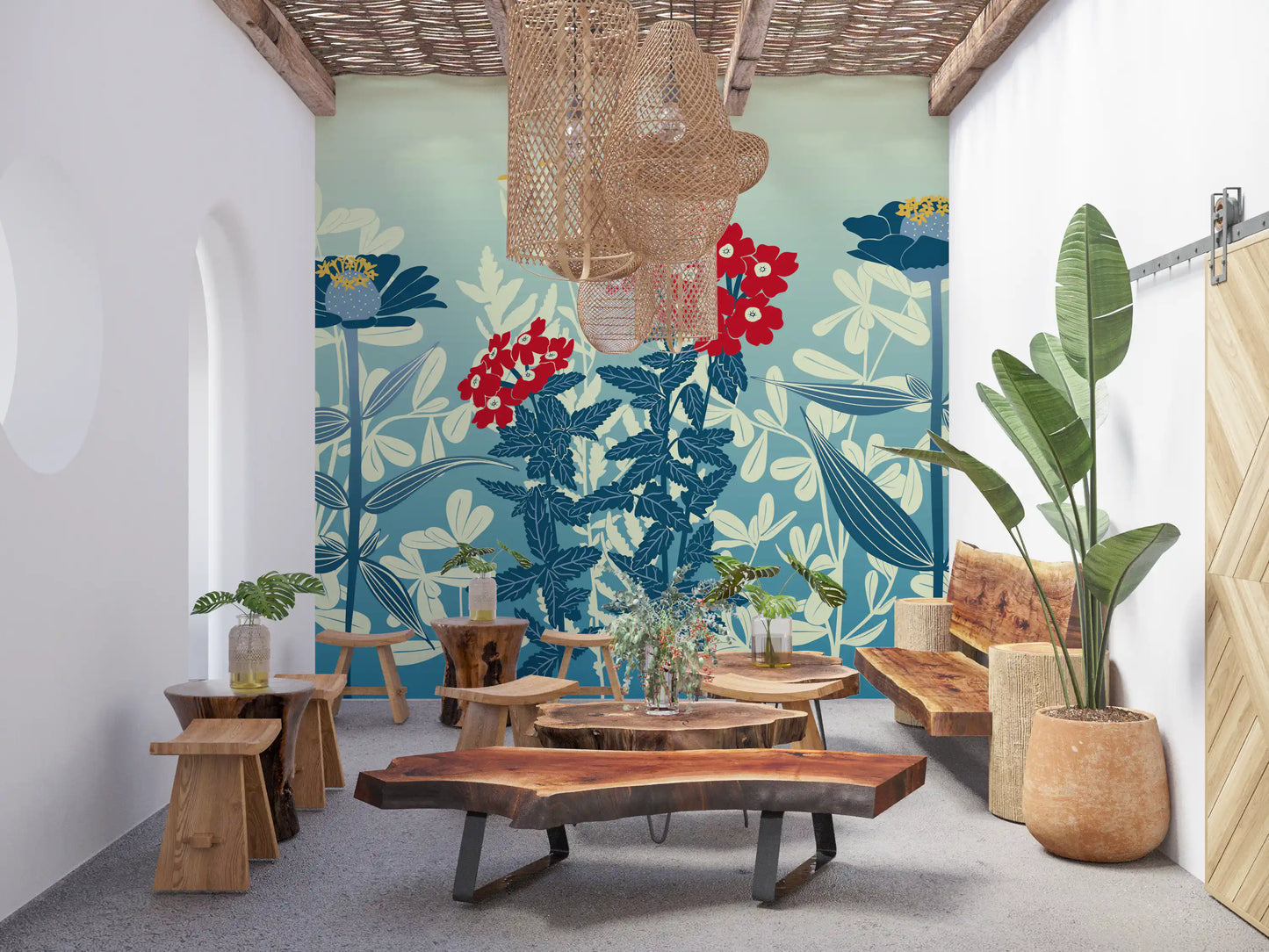 Crimson and Teal Retro Botanical Meadow Wall Mural