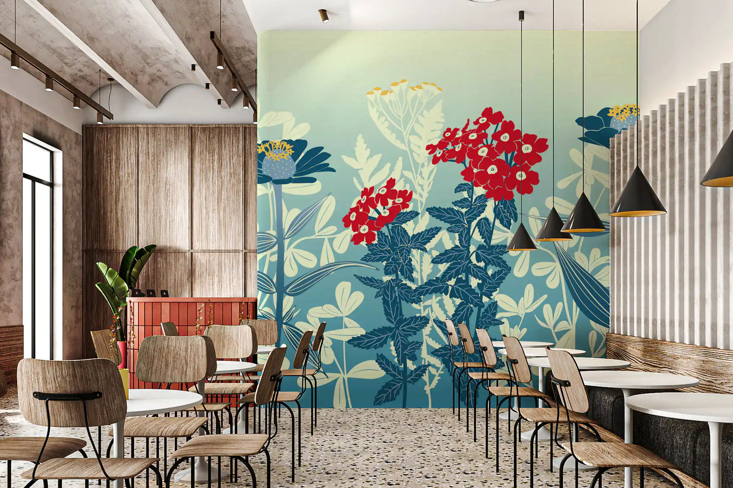 Crimson and Teal Retro Botanical Meadow Wall Mural