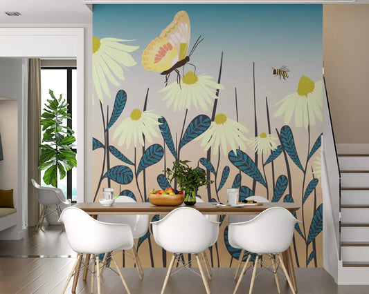 Sunny Day Daisy Garden wall mural opens a meadow scene across the Dining room.