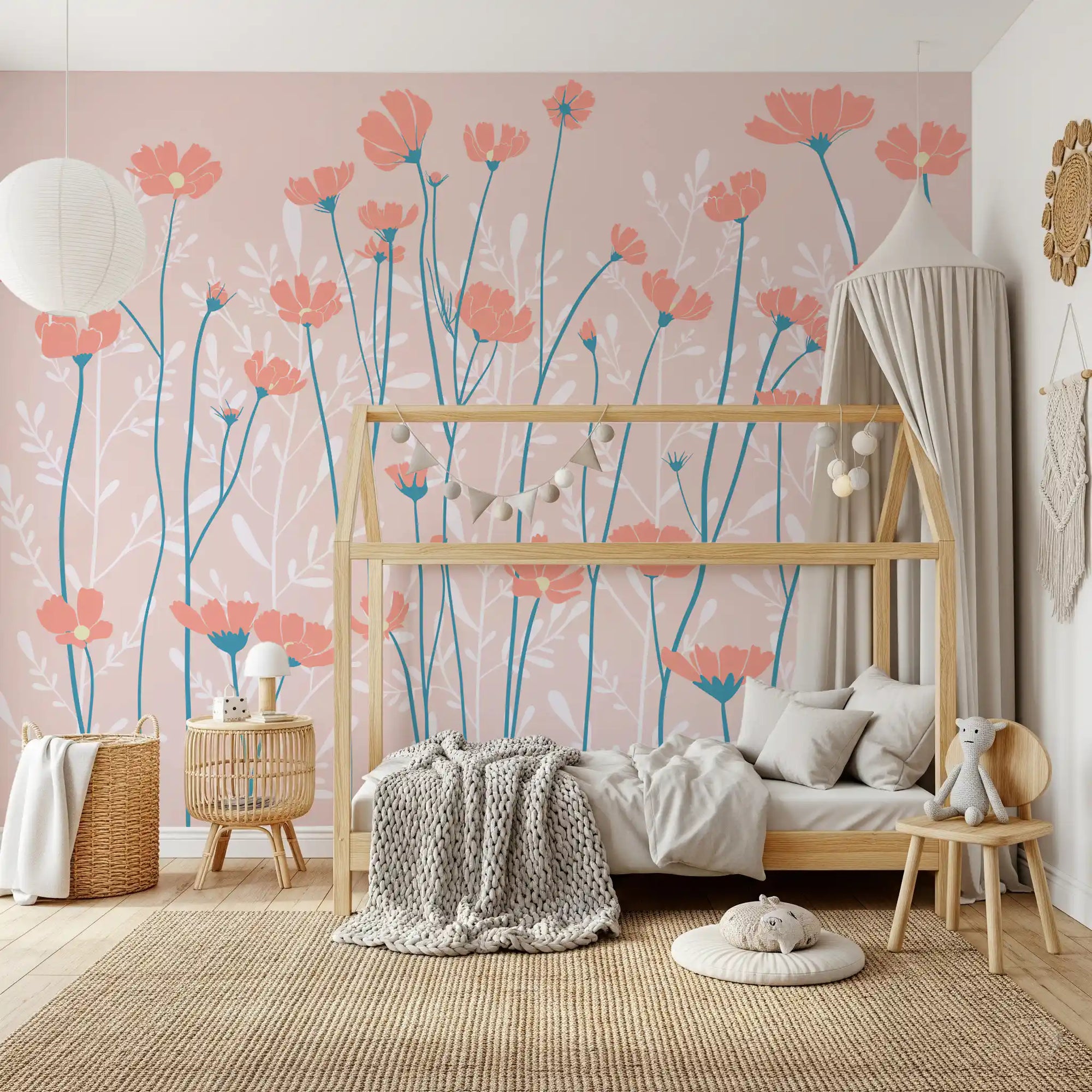 The Whispering wall mural sets a calm tone across a restful Kids bedroom.