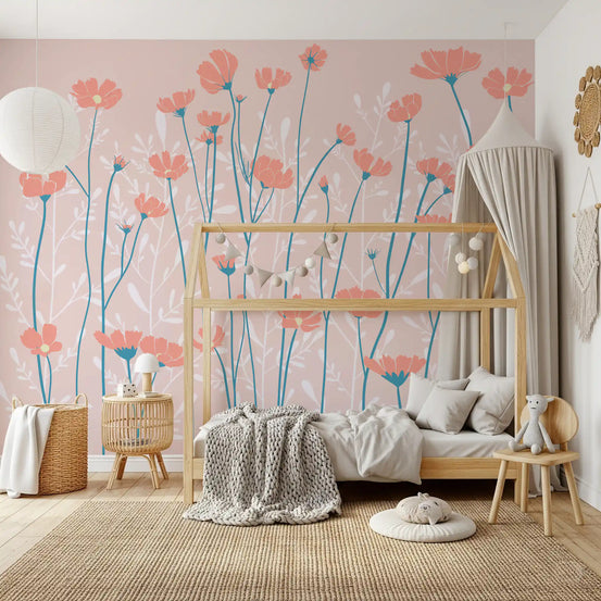 The Whispering wall mural sets a calm tone across a restful Kids bedroom.