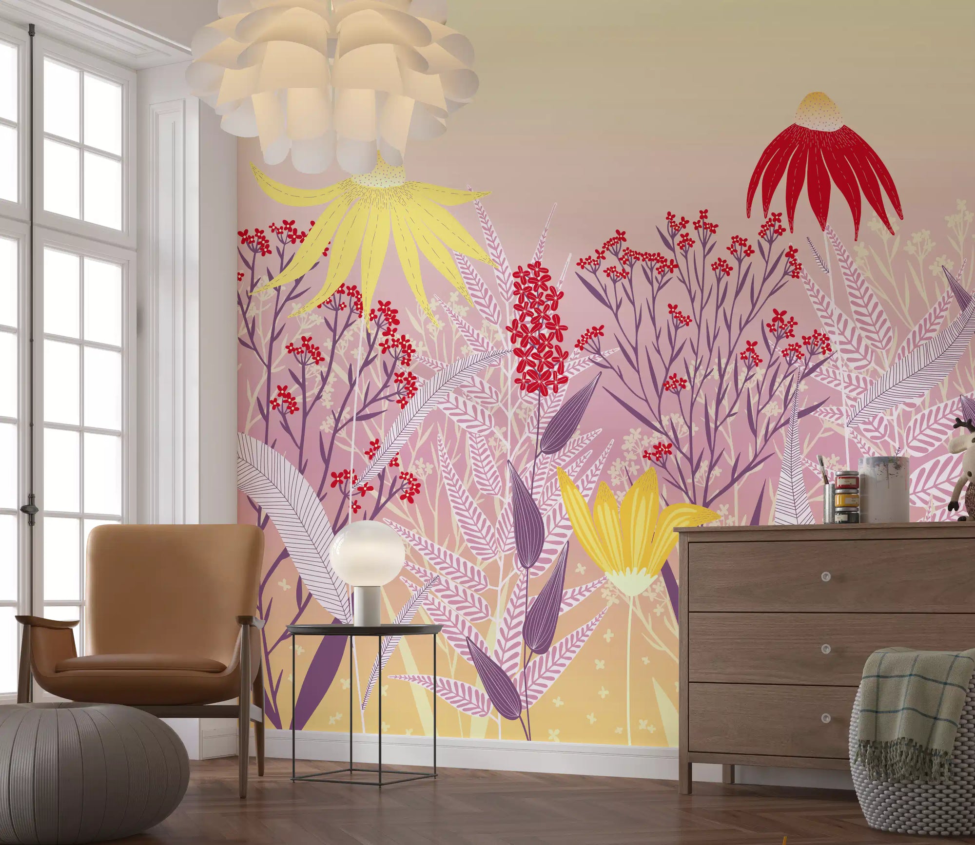 A living room turns cheerful as the Wildflower Meadow wall mural scatters pastel blooms.