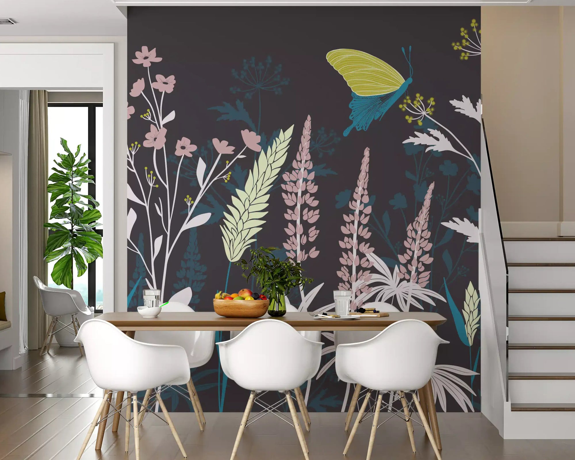 Twilight florals of the wall mural give a calm backdrop to an open Dining room.