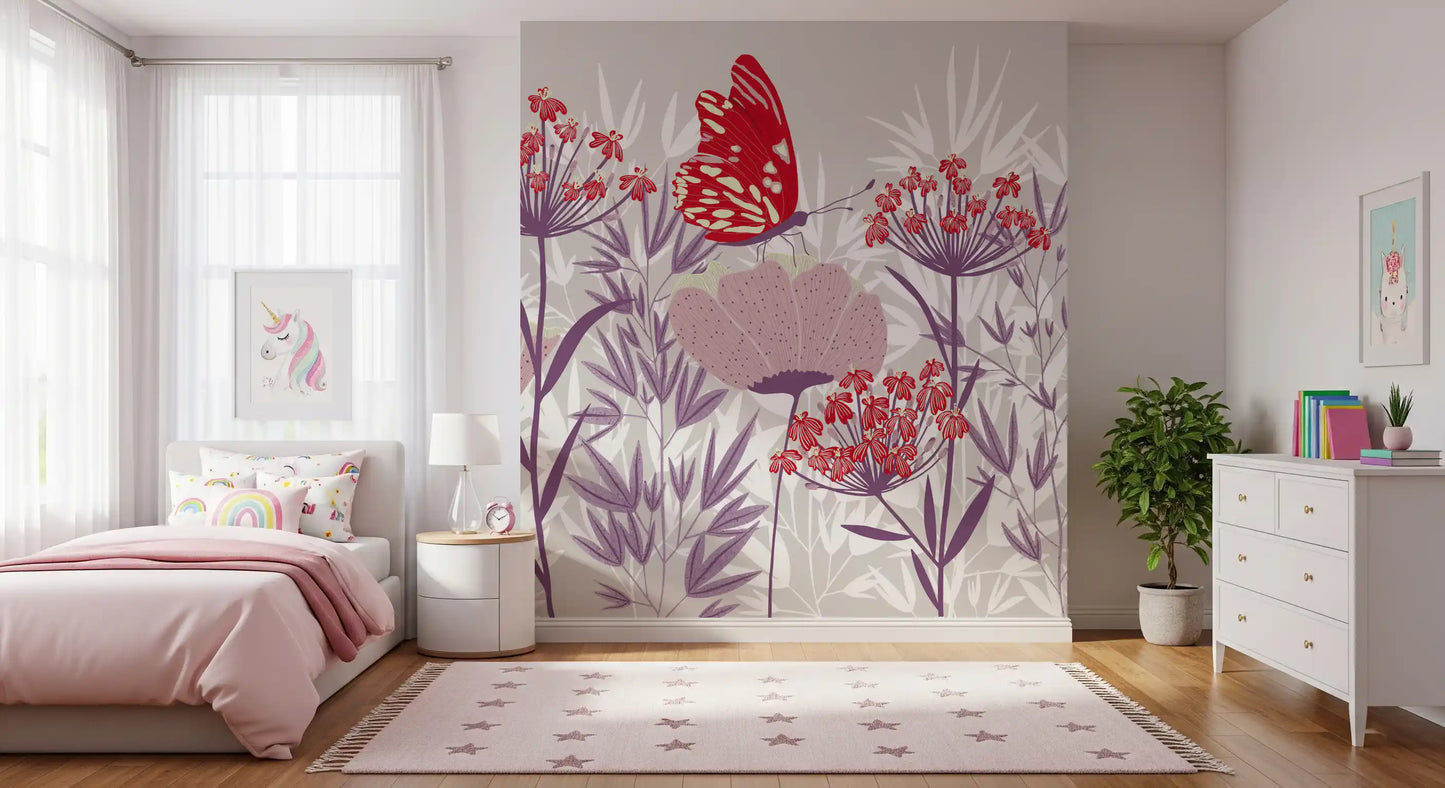 Crimson Butterfly and Mauve Garden Wallpaper Wall Mural